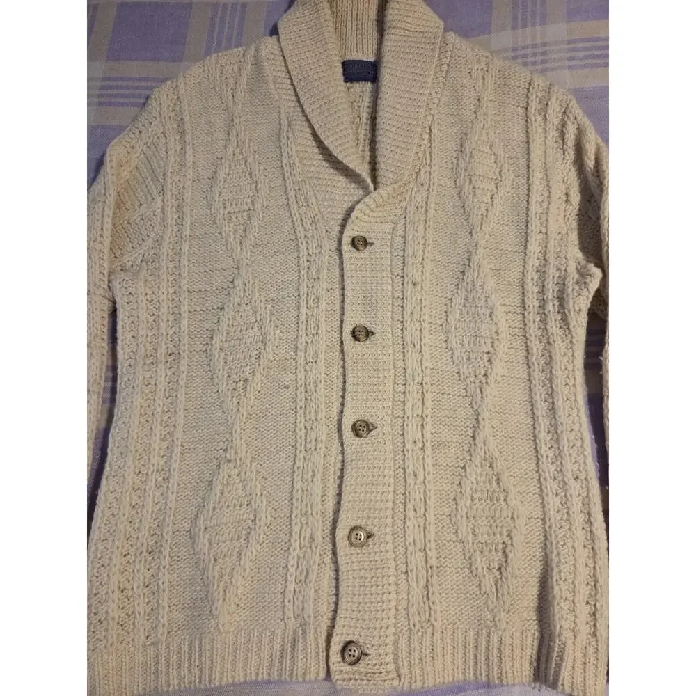 Vintage Pendleton Mens Cream Wool Cable Knit Shawl Collar Cardigan Sweater L USA